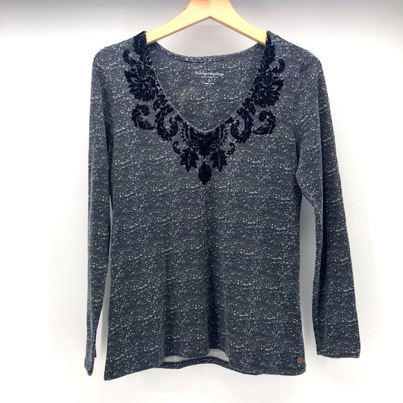 Soft Surroundings Top Womens Small Black Gray White Velvet Smocked V Neck - Picture 1 of 11